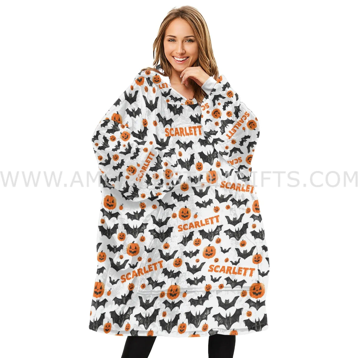 Personalized Bat Jack O Lantern Halloween Snug Oversized Wearable Hoodie Blanket-Hoodie Blanket-Amor Custom Gifts