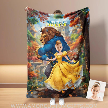 Blankets Personalized Belle 3 Photo Blanket | Custom Name & Face Girl Princess Blanket