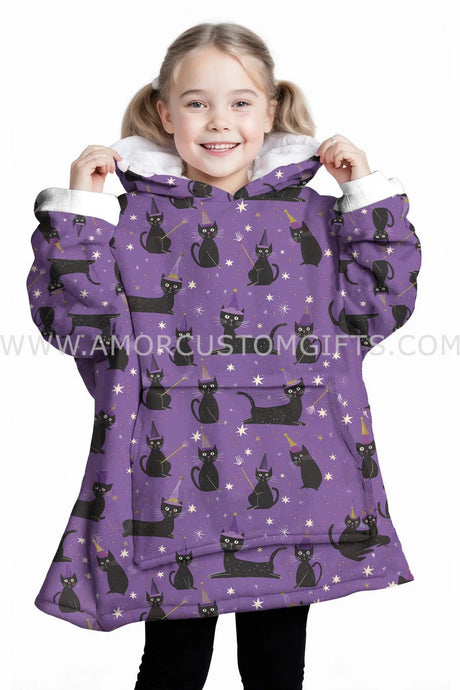 Personalized Black Cat Purple Snug Oversized Wearable Hoodie Blanket-Hoodie Blanket-Amor Custom Gifts