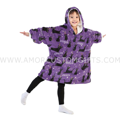 Personalized Black Cat Purple Snug Oversized Wearable Hoodie Blanket-Hoodie Blanket-Amor Custom Gifts