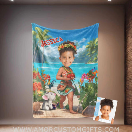 Blankets Personalized Black Moana Princess 5 Photo Blanket | Custom Name & Face Girl Princess Blanket