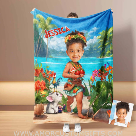 Blankets Personalized Black Moana Princess 5 Photo Blanket | Custom Name & Face Girl Princess Blanket