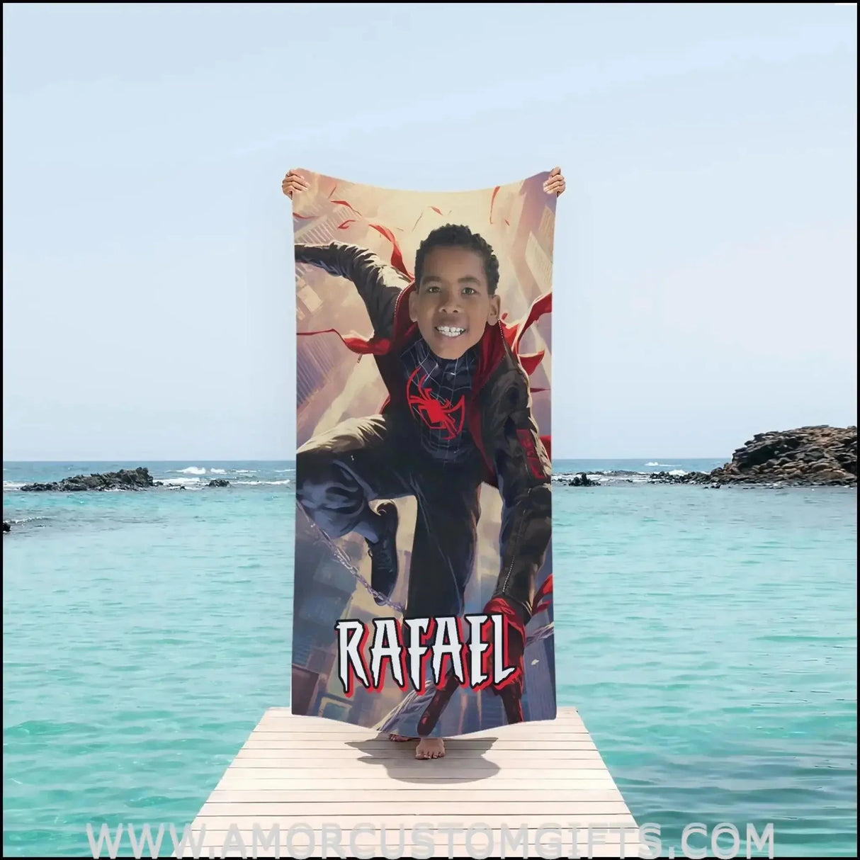 Towels Personalized Black Spidey Beach Towel | Customized Superhero Theme Pool Towel