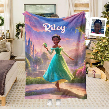 Blankets Personalized Black Tiana 5 Photo Blanket | Custom Name & Face Girl Princess Blanket