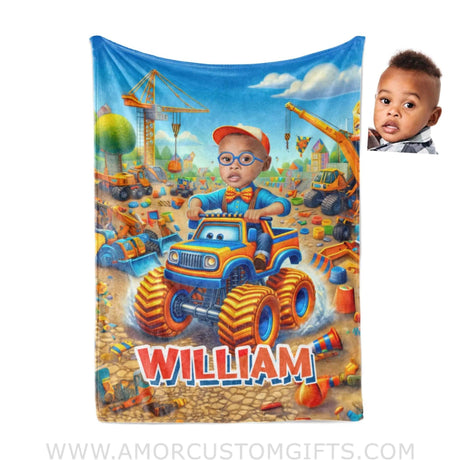 Blankets Personalized Blippi Boy Monster Truck Construction Site Photo Blanket | Custom Name & Face Boy Blanket