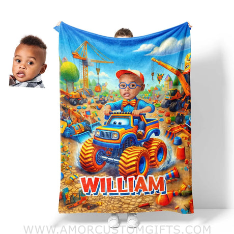 Blankets Personalized Blippi Boy Monster Truck Construction Site Photo Blanket | Custom Name & Face Boy Blanket