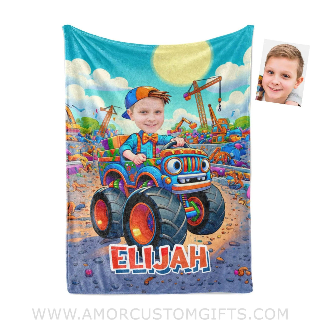 Blankets Personalized Blippi Boy Monster Truck Photo Blanket | Custom Name & Face Boy Blanket