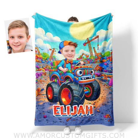 Blankets Personalized Blippi Boy Monster Truck Photo Blanket | Custom Name & Face Boy Blanket