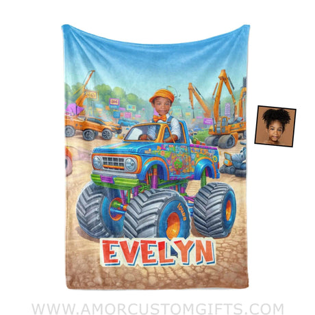 Blankets Personalized Blippi Girl Coloful Monster Truck Blanket | Custom Name & Face Girl Blanket