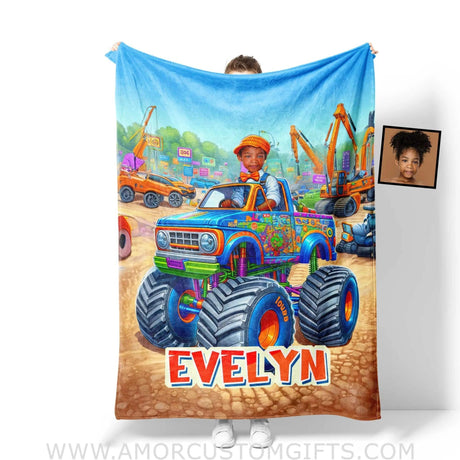 Blankets Personalized Blippi Girl Coloful Monster Truck Blanket | Custom Name & Face Girl Blanket