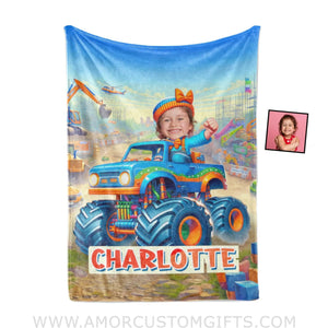 Blankets Personalized Blippi Girl Monster Truck Blanket | Custom Name & Face Girl Blanket