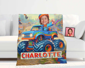 Blankets Personalized Blippi Girl Monster Truck Blanket | Custom Name & Face Girl Blanket