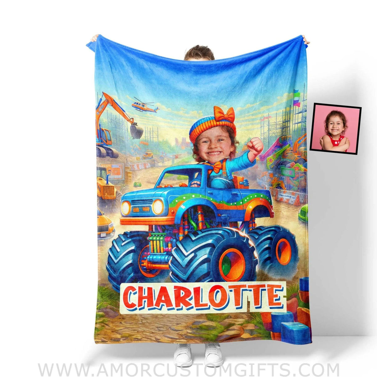 Blankets Personalized Blippi Girl Monster Truck Blanket | Custom Name & Face Girl Blanket