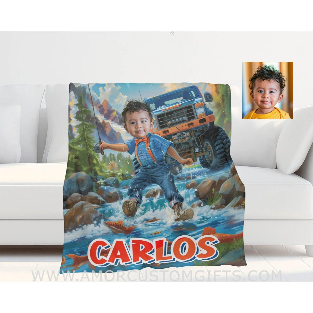 Blankets Personalized Blippii Monster Truck Boy Fishing Photo Blanket