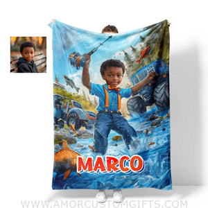 Blankets Personalized Blippii Monster Truck Boy Fishing Photo Blanket