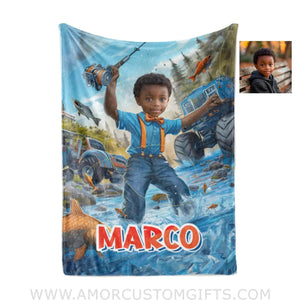 Blankets Personalized Blippii Monster Truck Boy Fishing Photo Blanket