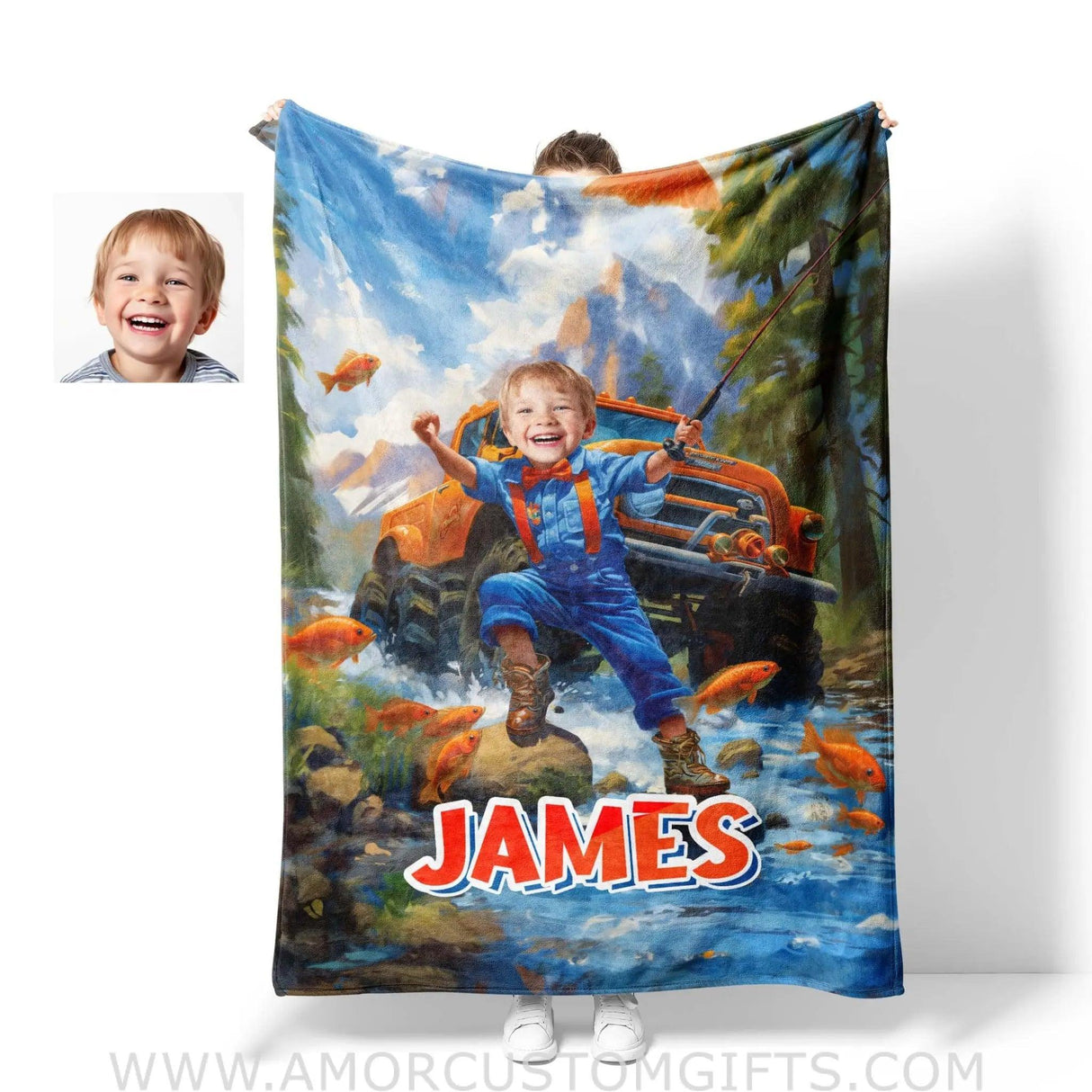 Blankets Personalized Blippii Monster Truck Boy Fishing Photo Blanket