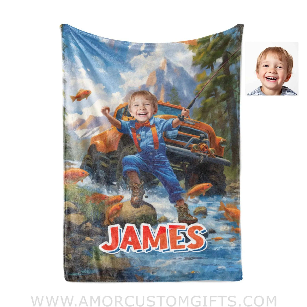 Blankets Personalized Blippii Monster Truck Boy Fishing Photo Blanket