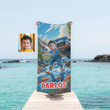 Towels Personalized Blippii Monster Truck Boy Fishing Boy Photo Beach Towel