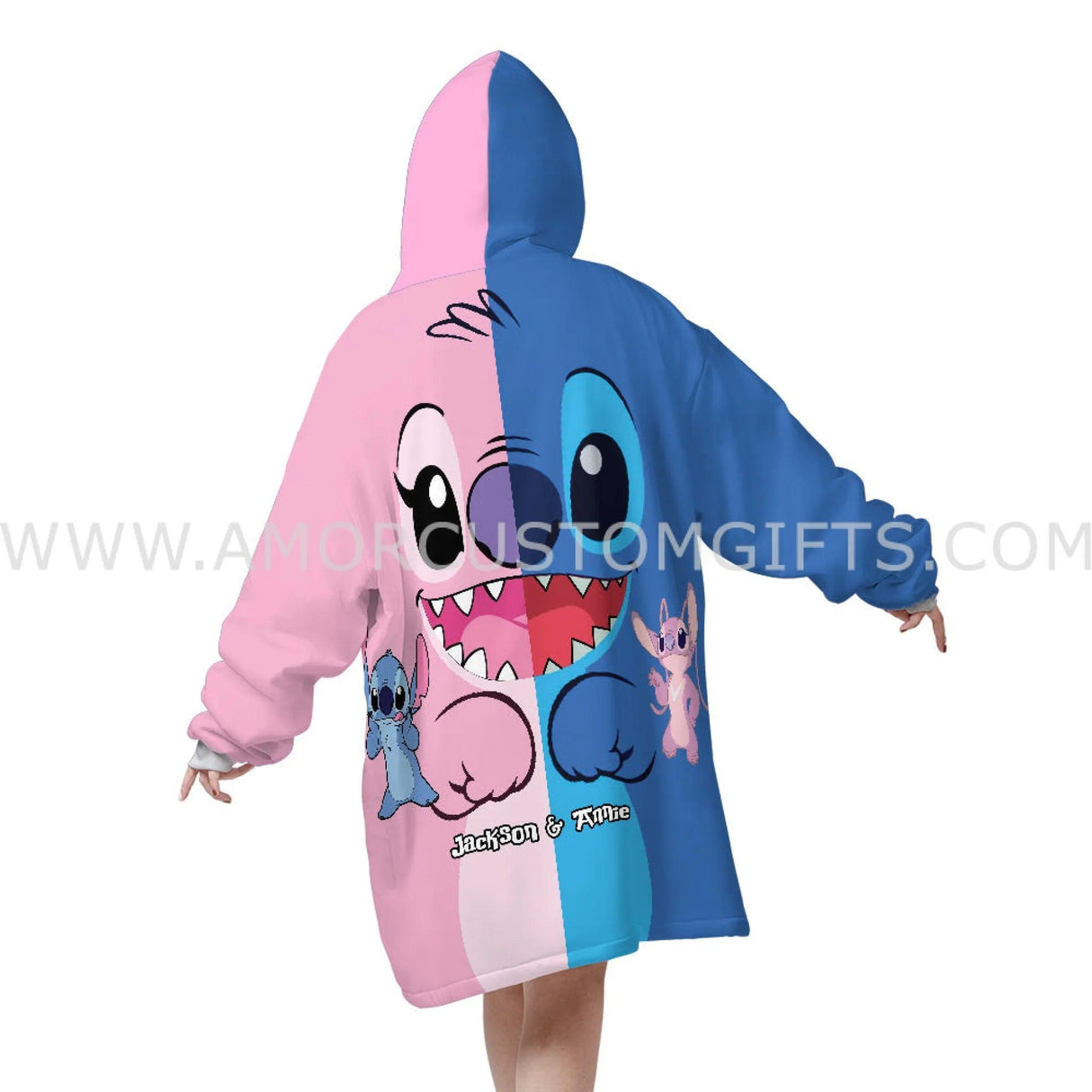 Personalized Blue Pink Lilo & Stitch Snug Oversized Wearable Hoodie Blanket-Hoodie Blanket-Amor Custom Gifts