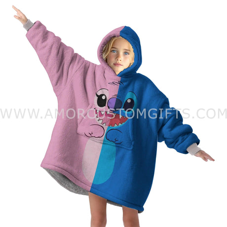 Personalized Blue Pink Lilo & Stitch Snug Oversized Wearable Hoodie Blanket-Hoodie Blanket-Amor Custom Gifts