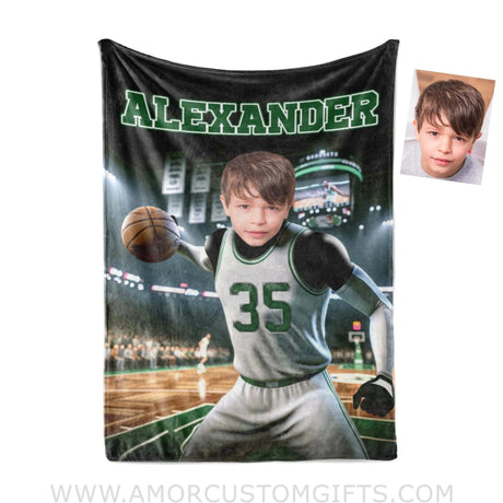 Blankets Personalized NBA Boston Basketball Boy Celtics Photo Blanket | Custom Name & Face Boy Blanket