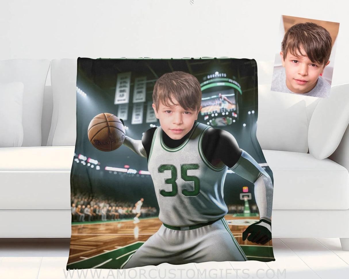 Blankets Personalized NBA Boston Basketball Boy Celtics Photo Blanket | Custom Name & Face Boy Blanket