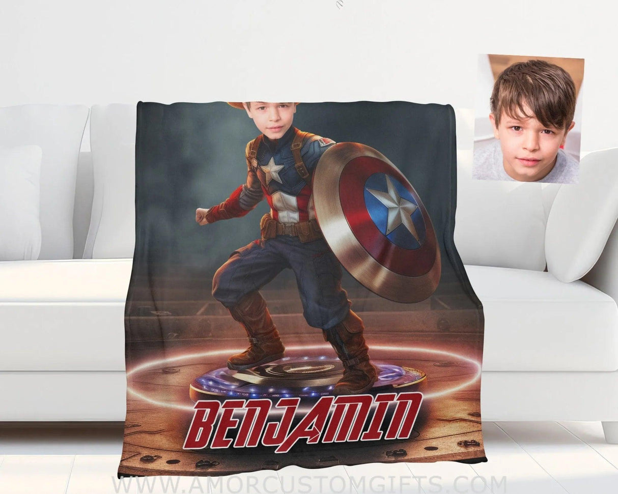 Blankets Personalized Captain America Boy Yoyo Board Photo Blanket | Custom Name & Face Boy Blanket