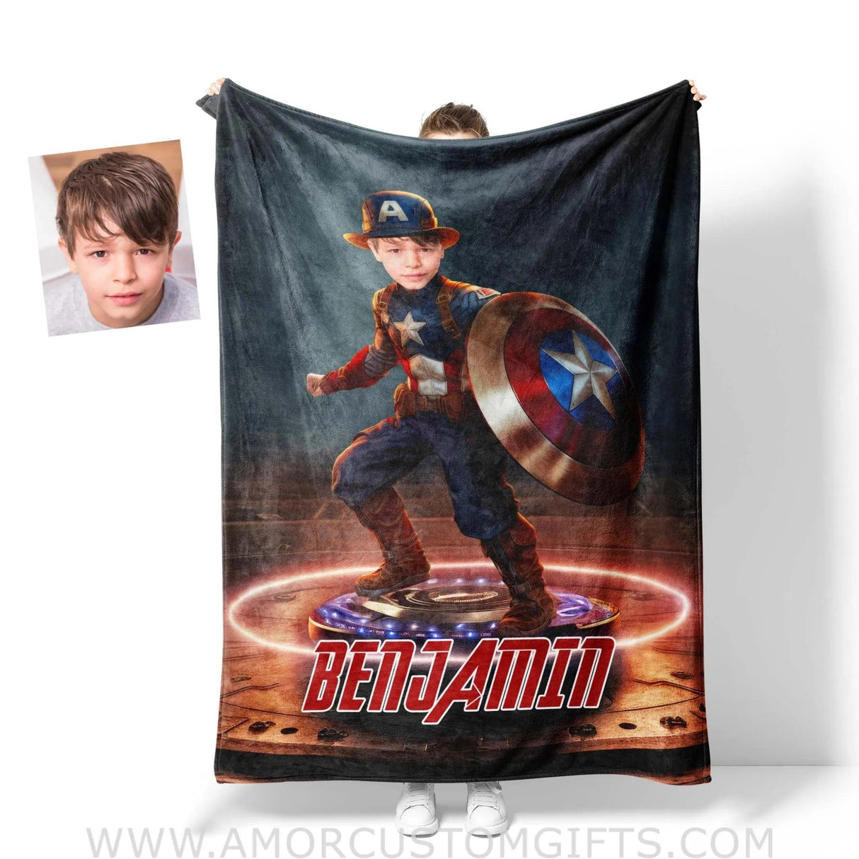 Blankets Personalized Captain America Boy Yoyo Board Photo Blanket | Custom Name & Face Boy Blanket