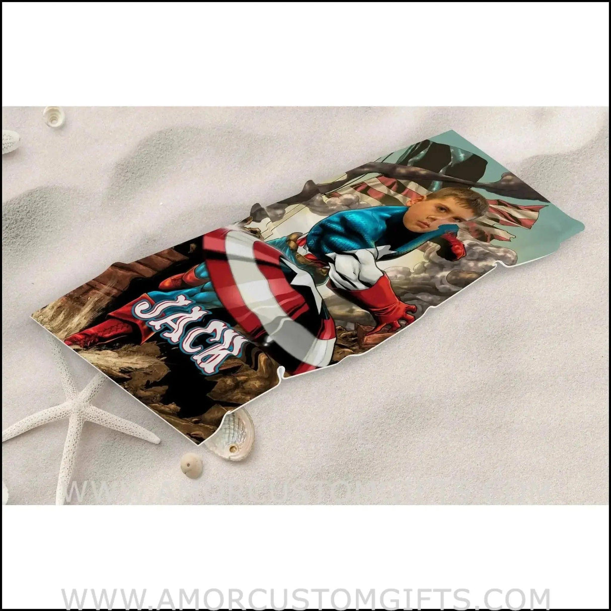 Towels Personalized Captain America Fight In War Photo Beach Towel | Customized Name & Face Boy Towel