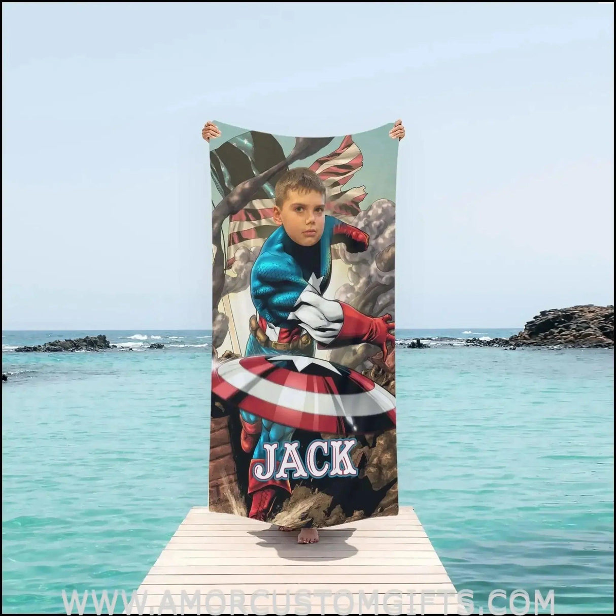 Towels Personalized Captain America Fight In War Photo Beach Towel | Customized Name & Face Boy Towel