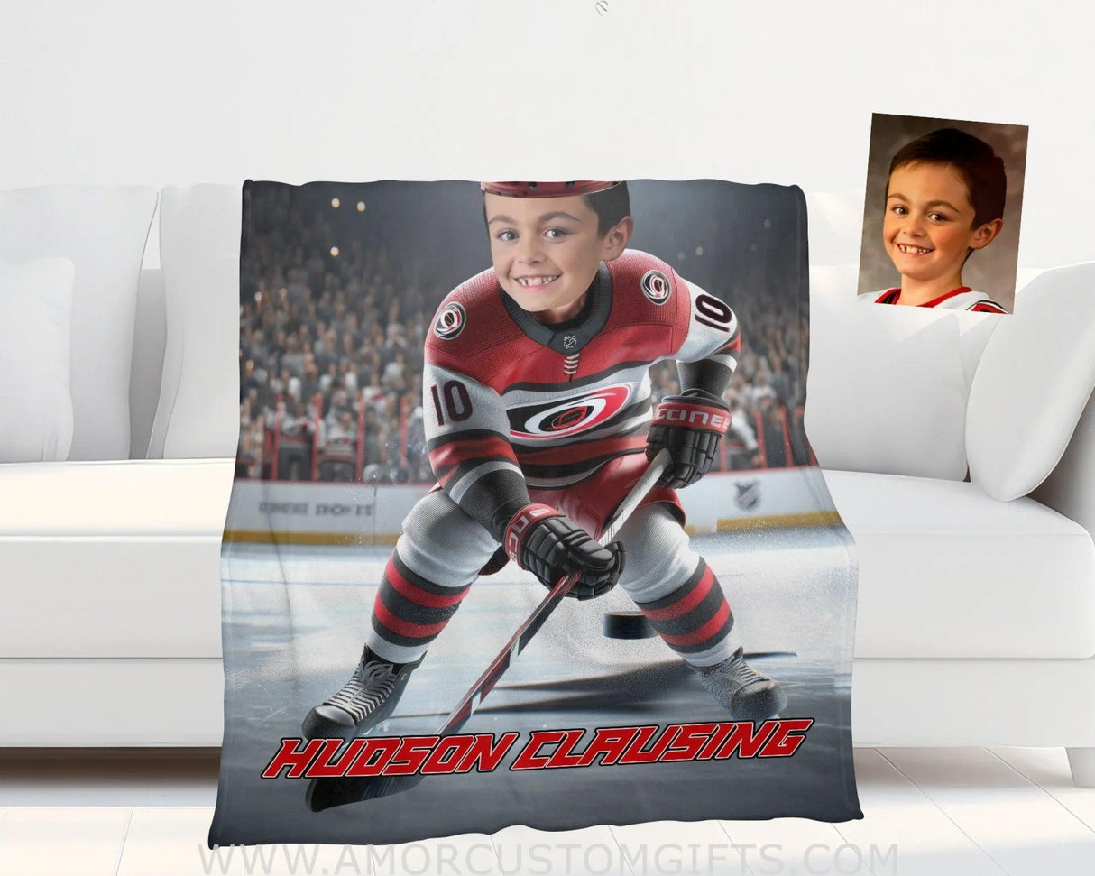 Blankets Personalized Carolina Hockey Player Hurricanes Photo Blanket | Custom Name & Face Boy Blanket