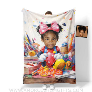 Blankets Personalized Cartoon Mouse Mini Schoolgirl Crayon Pencil Blanket | Custom Name & Face Girl Blanket