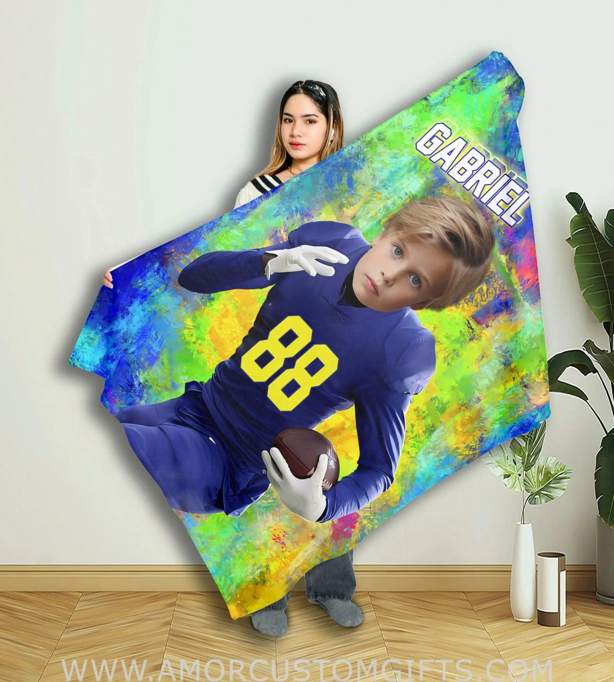 Blankets Personalized Chargers Football Boy Blanket | Custom Face & Name Football Boys Blanket