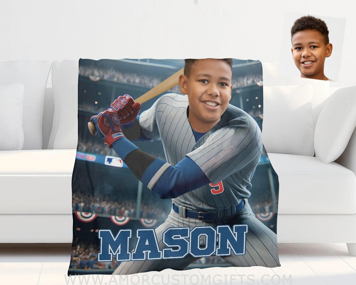 Blankets Personalized MLB Chicago Baseball Boy Cubs Photo Blanket | Custom Name & Face Boy Blanket