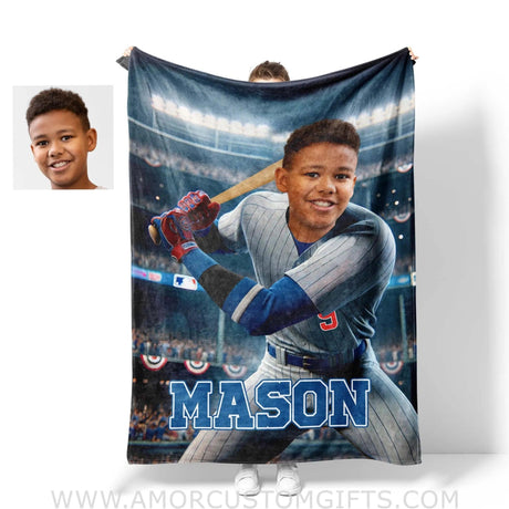 Blankets Personalized MLB Chicago Baseball Boy Cubs Photo Blanket | Custom Name & Face Boy Blanket