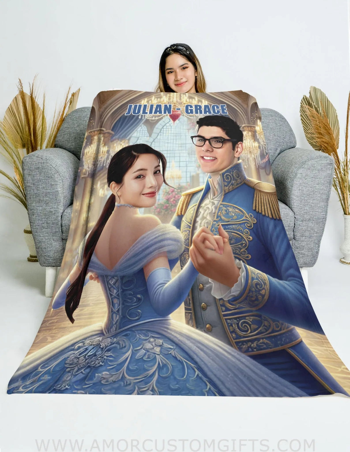 Blankets Personalized Cinderella and Prince Charming Blanket | Custom Face & Name Couple Blanket