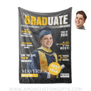 Blankets Personalized Class Of 2024 Magazine Boy Photo Blanket | Custom Name & Face Boy Blanket