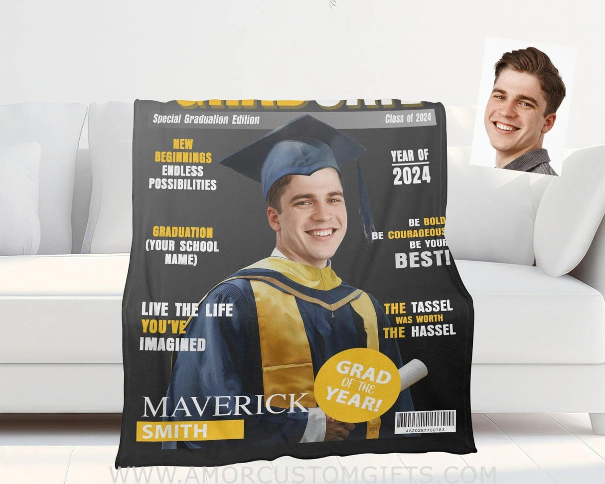 Blankets Personalized Class Of 2024 Magazine Boy Photo Blanket | Custom Name & Face Boy Blanket