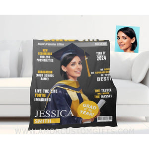 Blankets Personalized Class Of 2024 Magazine Girl Photo Blanket | Custom Name & Face Girl Blanket