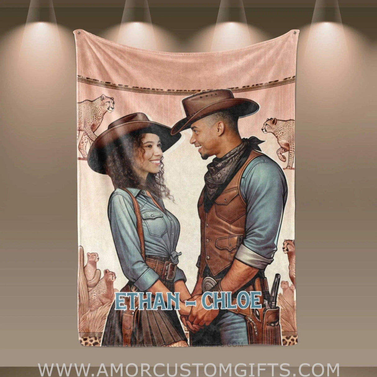 Blankets Personalized Cowboy Couple Blanket | Custom Face & Name Couple Blanket