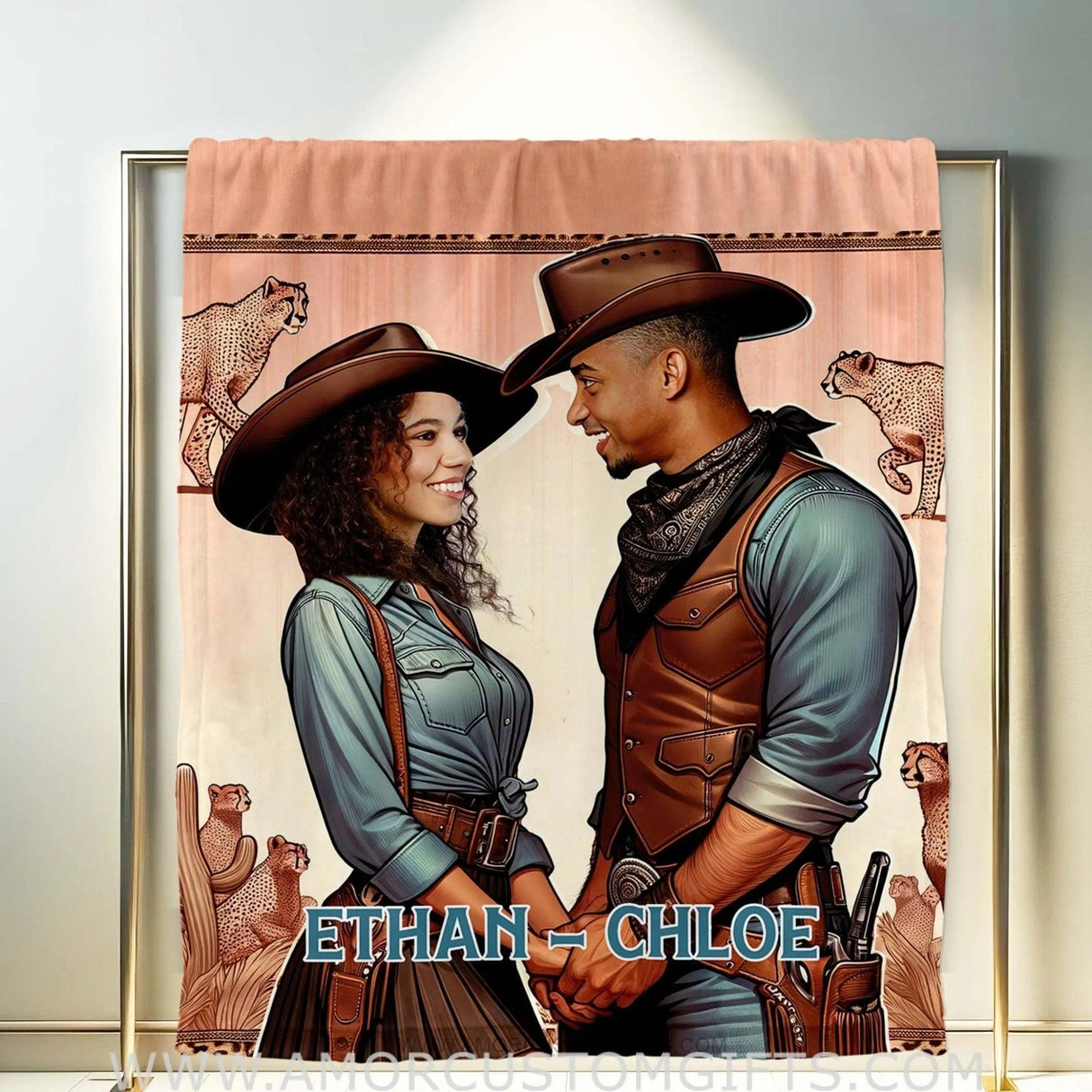 Blankets Personalized Cowboy Couple Blanket | Custom Face & Name Couple Blanket