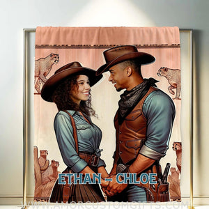 Blankets Personalized Cowboy Couple Blanket | Custom Face & Name Couple Blanket