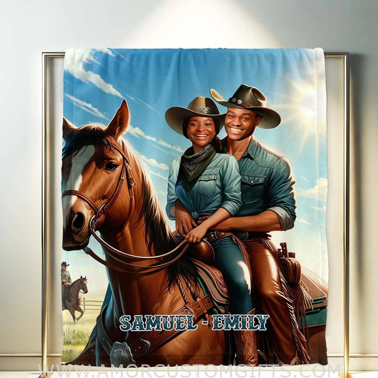 Blankets Personalized Cowboy Couple Field Of Love  Blanket | Custom Face & Name Couple Blanket