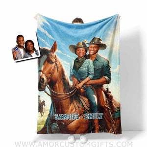 Blankets Personalized Cowboy Couple Field Of Love  Blanket | Custom Face & Name Couple Blanket