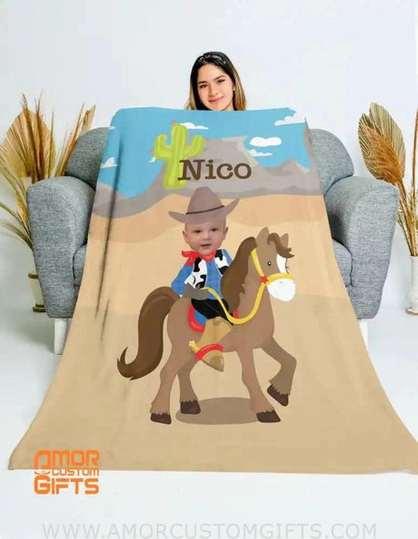 Blankets Personalized Cowboy On Horse Blanket | Custom Face & Name Cowboy Boy Blanket,  Customized Blanket