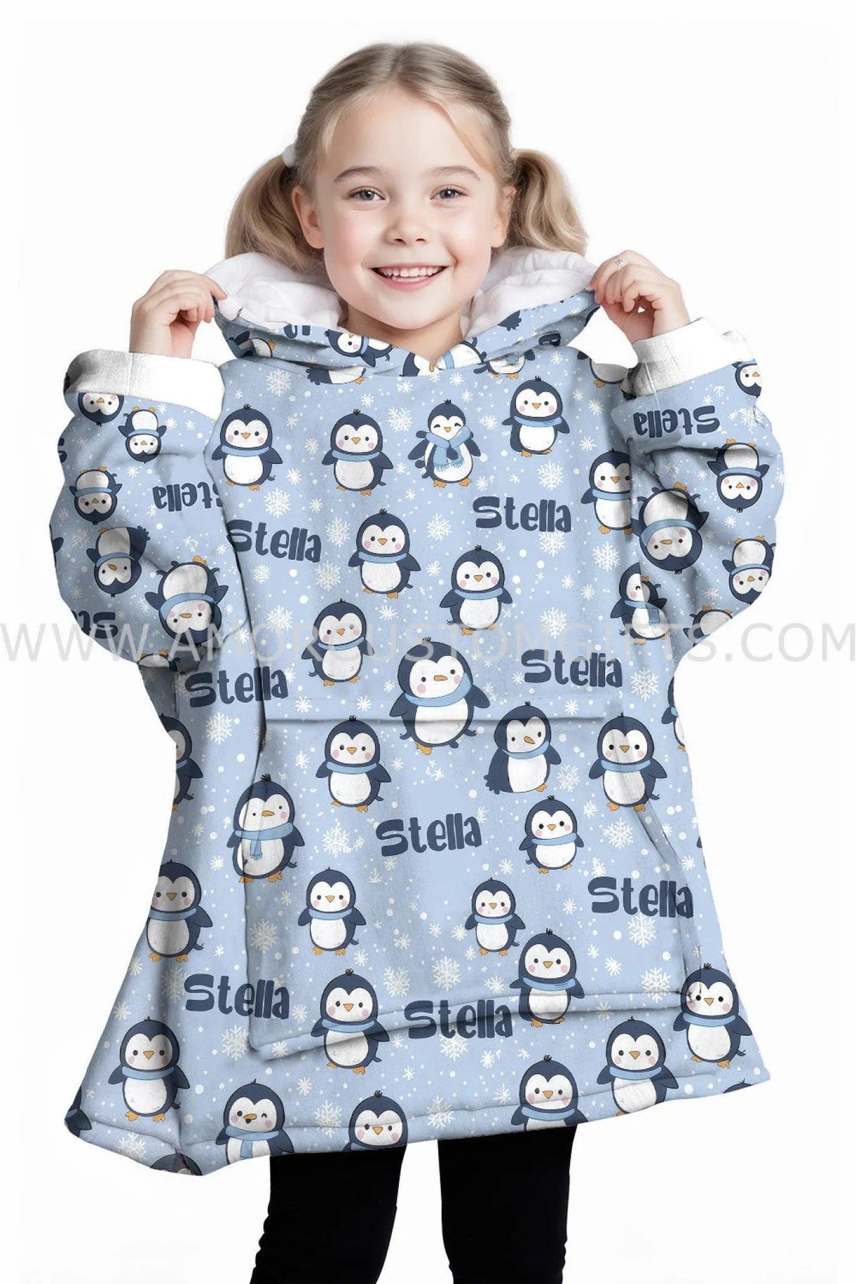 Personalized Cute Penguin Winter Snug Oversized Wearable Hoodie Blanket-Hoodie Blanket-Amor Custom Gifts