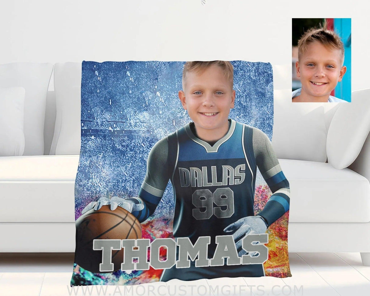 Blankets Personalized NBA Dallas Basketball Boy Mavericks Photo Blanket | Custom Name & Face Boy Blanket