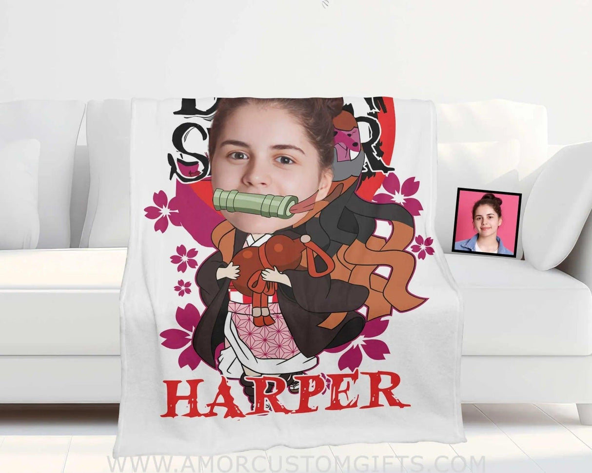 Blankets Personalized Demon Slayer Kamodo Nezuko Girl Blanket | Custom Name & Face Girl Blanket