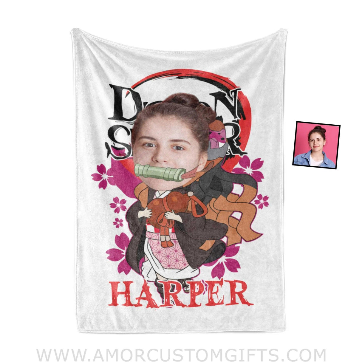 Blankets Personalized Demon Slayer Kamodo Nezuko Girl Blanket | Custom Name & Face Girl Blanket